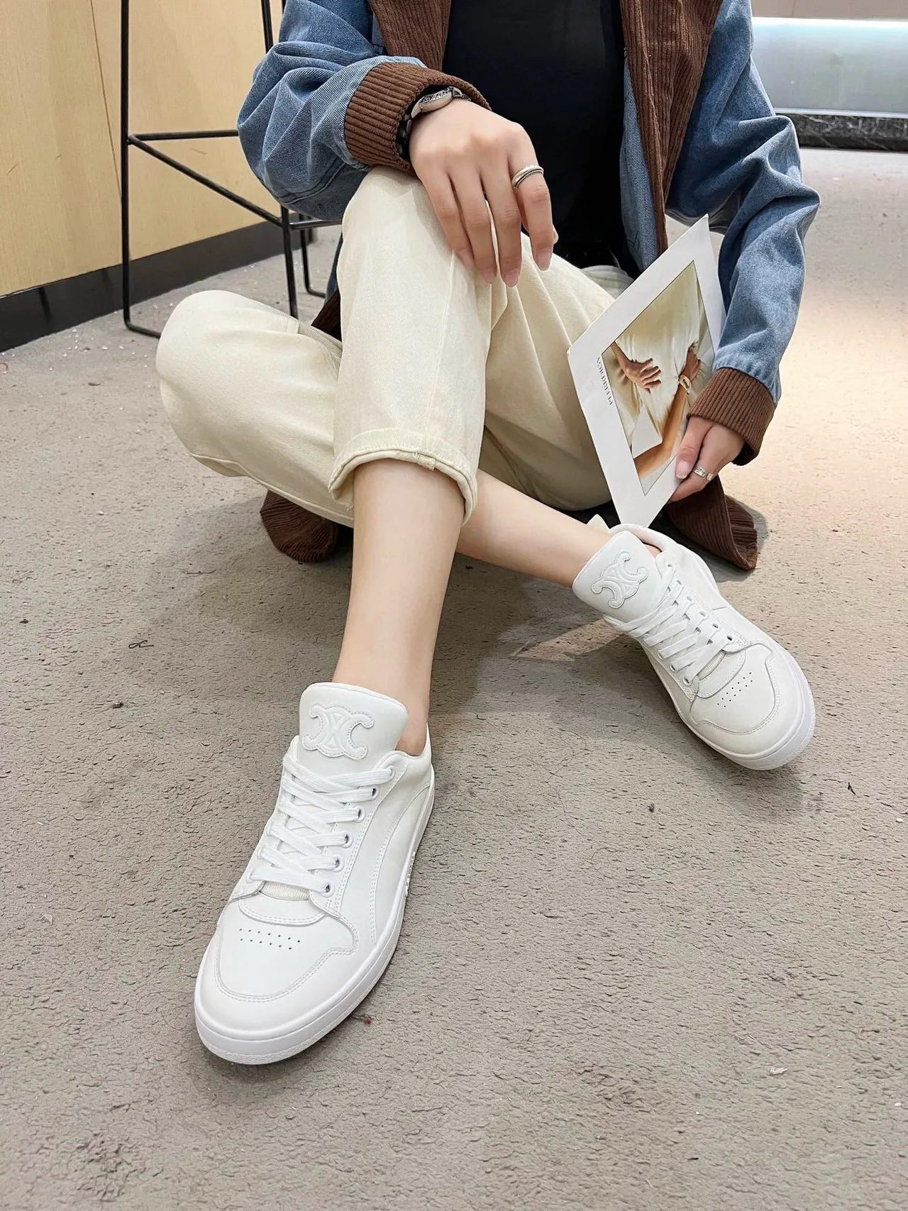 Celine White Monochrome Smooth Leather Upper Lifestyle Sneakers 5