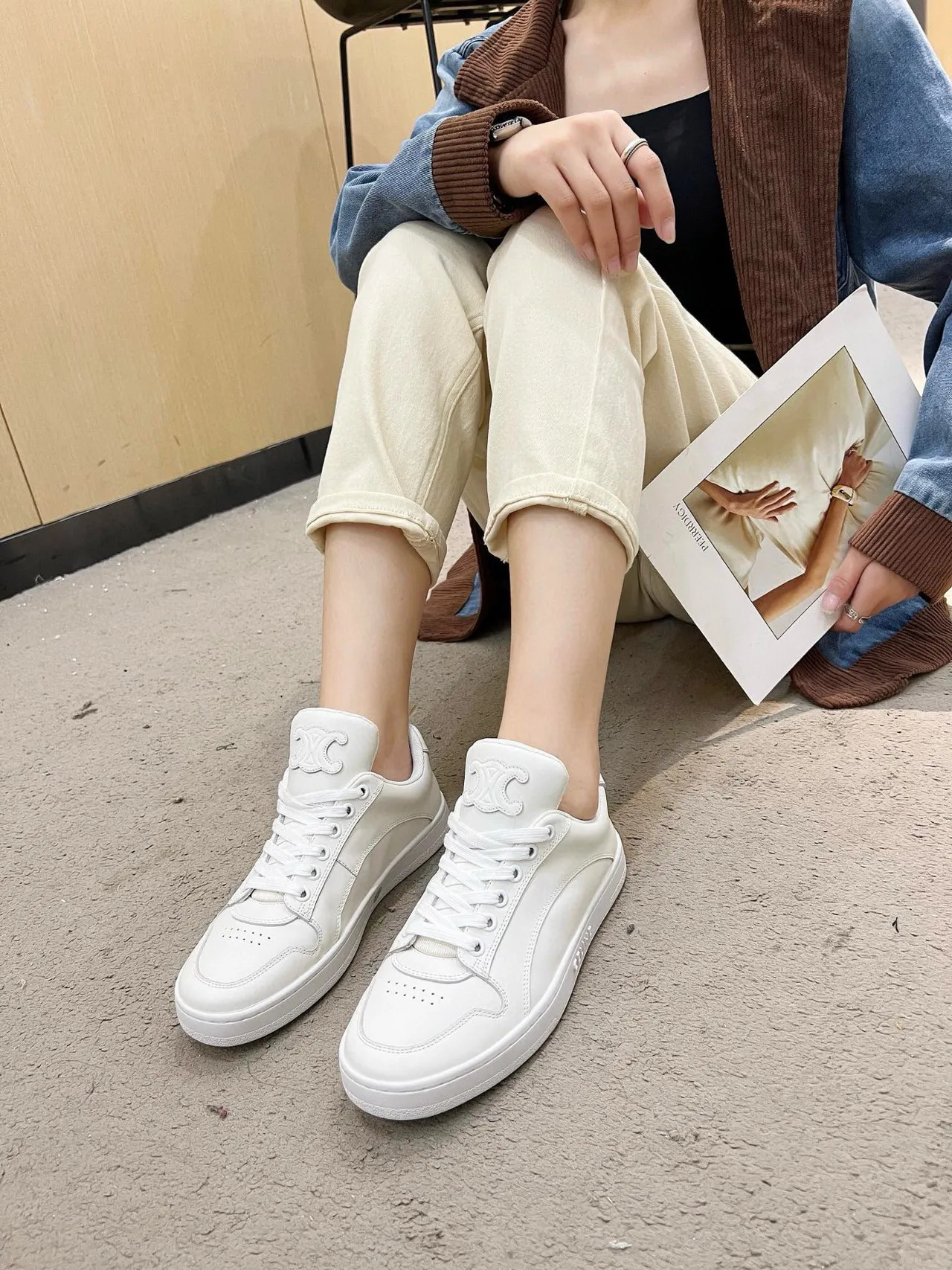 Celine White Monochrome Smooth Leather Upper Lifestyle Sneakers 6