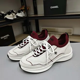 Chanel Beige Burgundy Low-Top Knit-Collar Lifestyle Sneakers