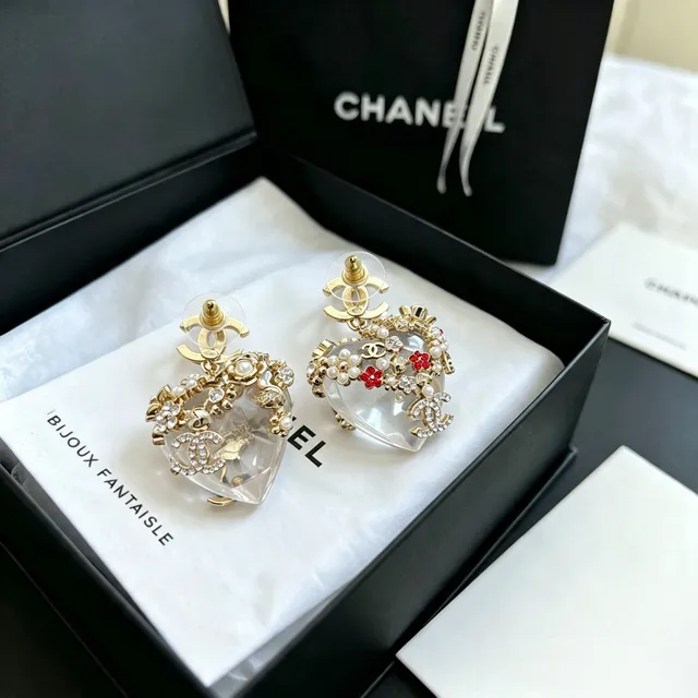 Chanel Bijoux Fantaisie Boucles d'oreilles Cœur Cristal Perle 2