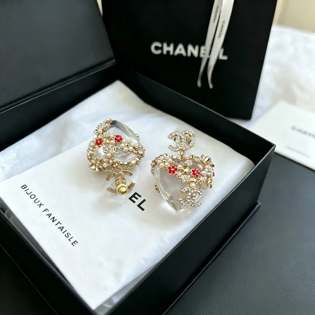 Chanel Bijoux Fantaisie Boucles d'oreilles Cœur Cristal Perle 3