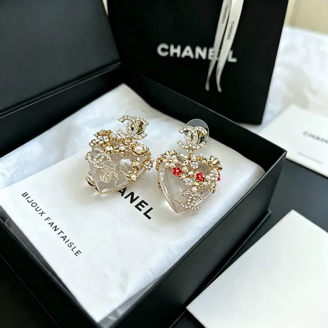 Chanel Bijoux Fantaisie Boucles d'oreilles Cœur Cristal Perle 4