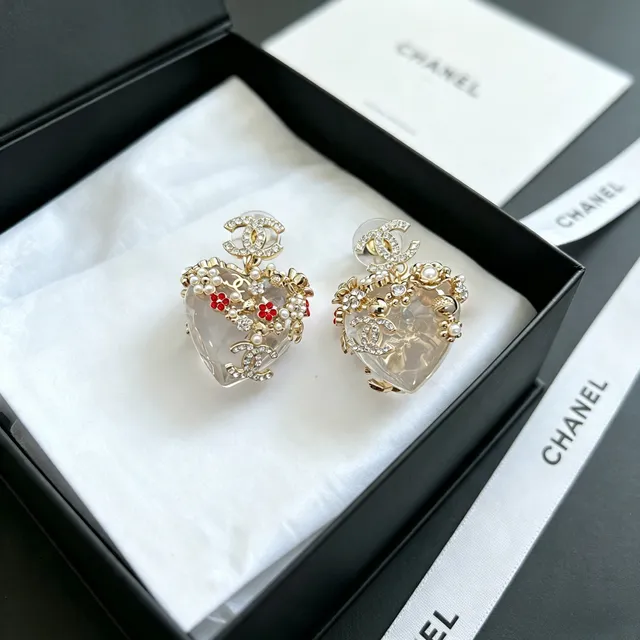 Chanel Bijoux Fantaisie Boucles d'oreilles Cœur Cristal Perle 5