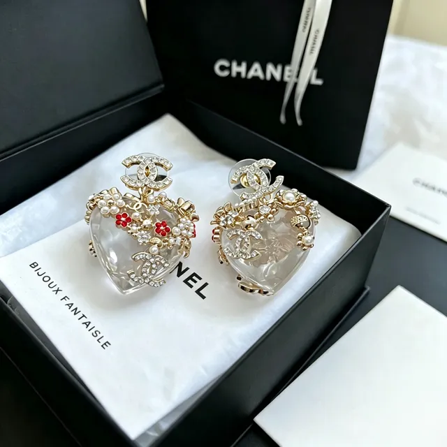 Chanel Bijoux Fantaisie Boucles d'oreilles Cœur Cristal Perle 6
