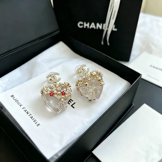 Chanel Bijoux Fantaisie Boucles d'oreilles Cœur Cristal Perle 7