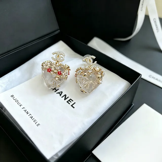 Chanel Bijoux Fantaisie Boucles d'oreilles Cœur Cristal Perle 8