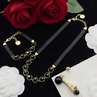 Chanel Black Gold Ribbon Choker Resin Beads Necklace