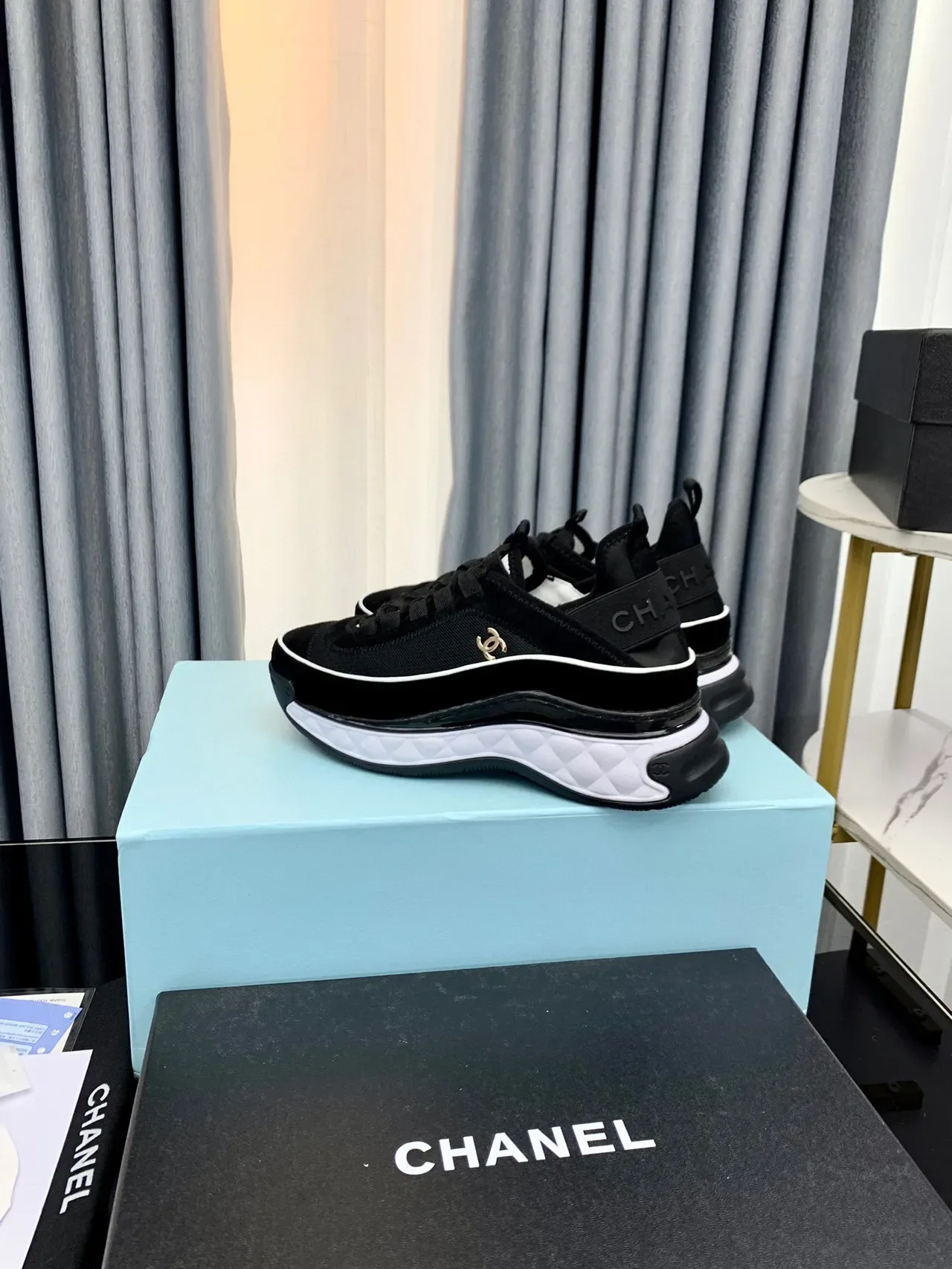 Chanel Black White Quilted Midsole Mesh-Suede Upper Chunky Sneakers 3