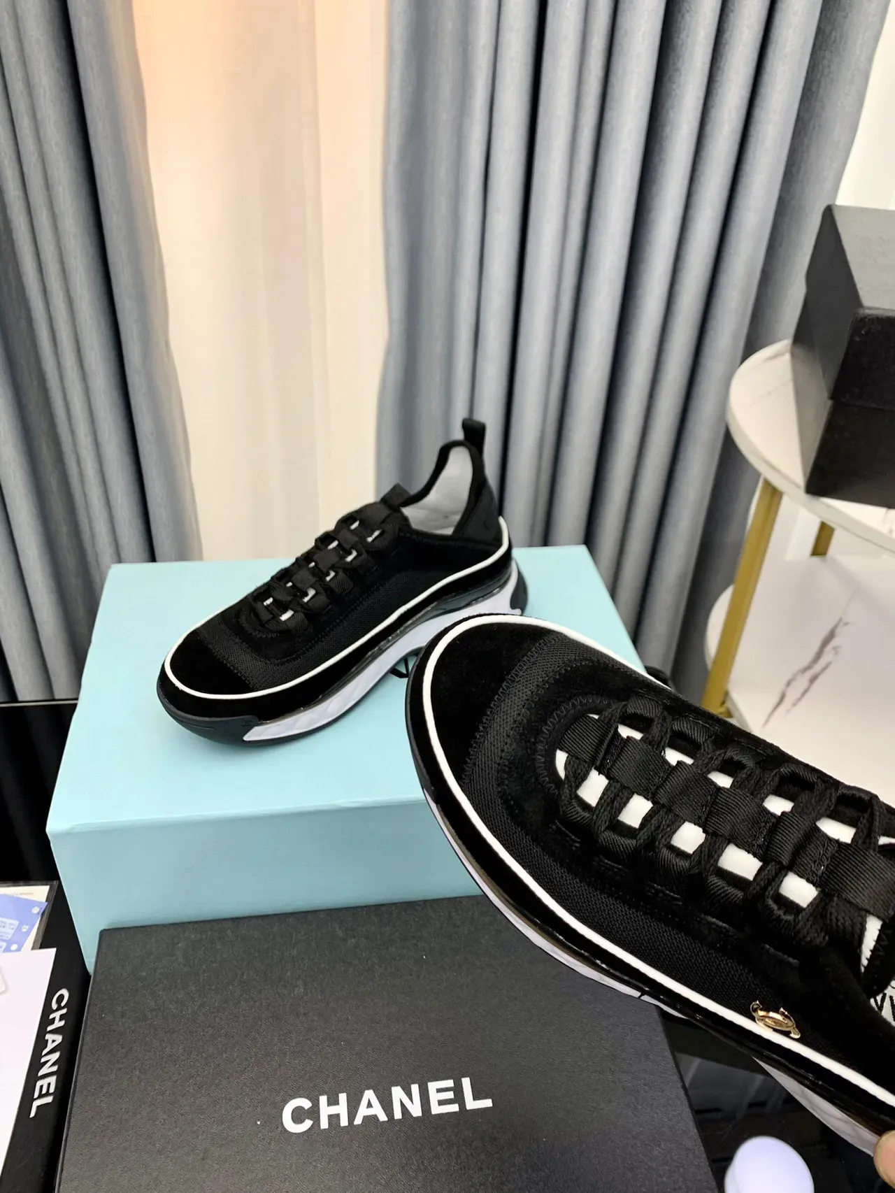 Chanel Black White Quilted Midsole Mesh-Suede Upper Chunky Sneakers 4