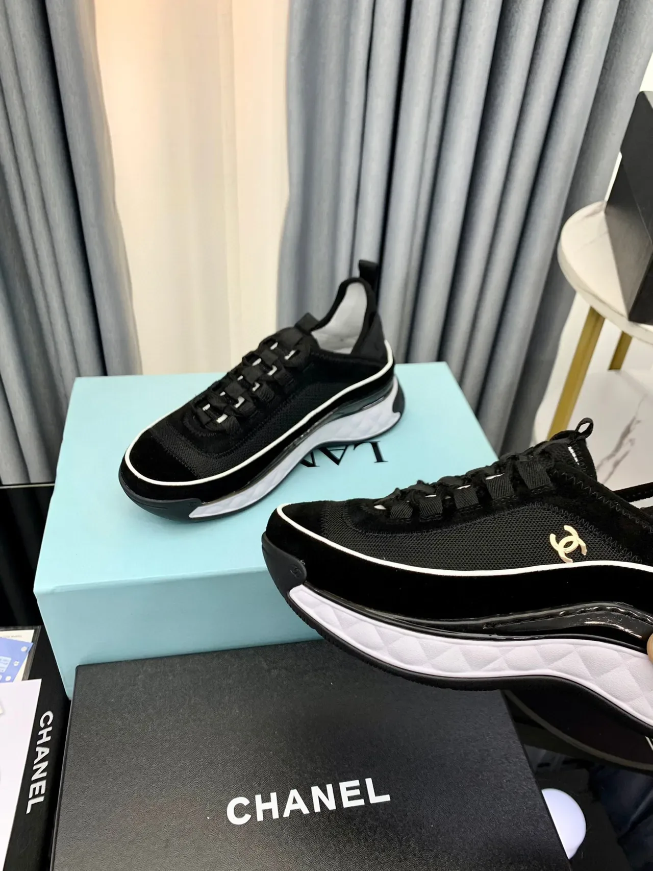 Chanel Black White Quilted Midsole Mesh-Suede Upper Chunky Sneakers 5