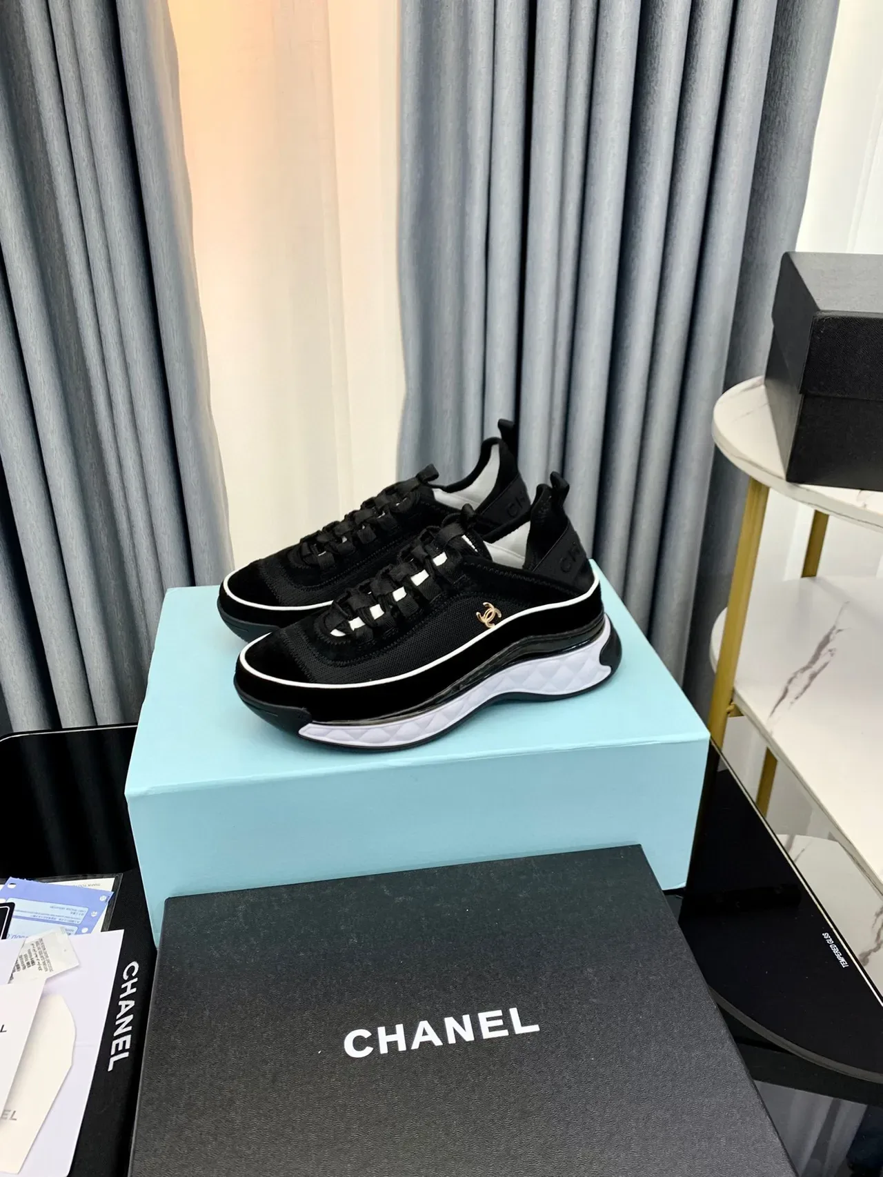 Chanel Black White Quilted Midsole Mesh-Suede Upper Chunky Sneakers 7