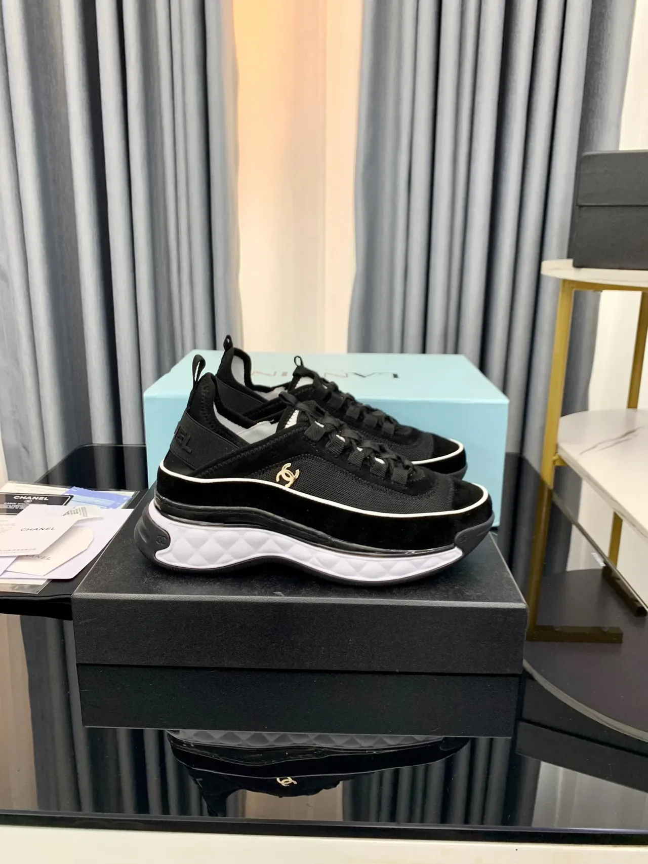 Chanel Black White Quilted Midsole Mesh-Suede Upper Chunky Sneakers 9