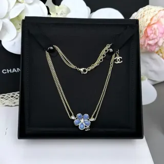 Chanel Blue Enamel Flower Pendant Double-Chain Necklace