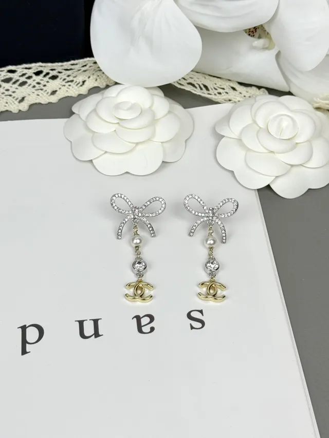 Chanel Bow and CC Pearl Drop Earrings 2