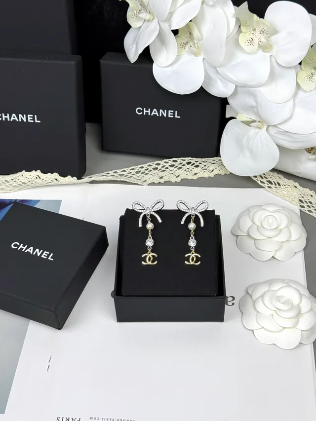 Chanel Bow and CC Pearl Drop Earrings 5