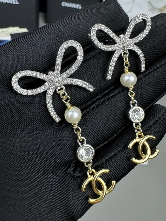 Chanel Bow and CC Pearl Drop Earrings 7
