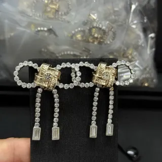 Chanel Bow Silver Transparent Crystal-Encrusted Earrings
