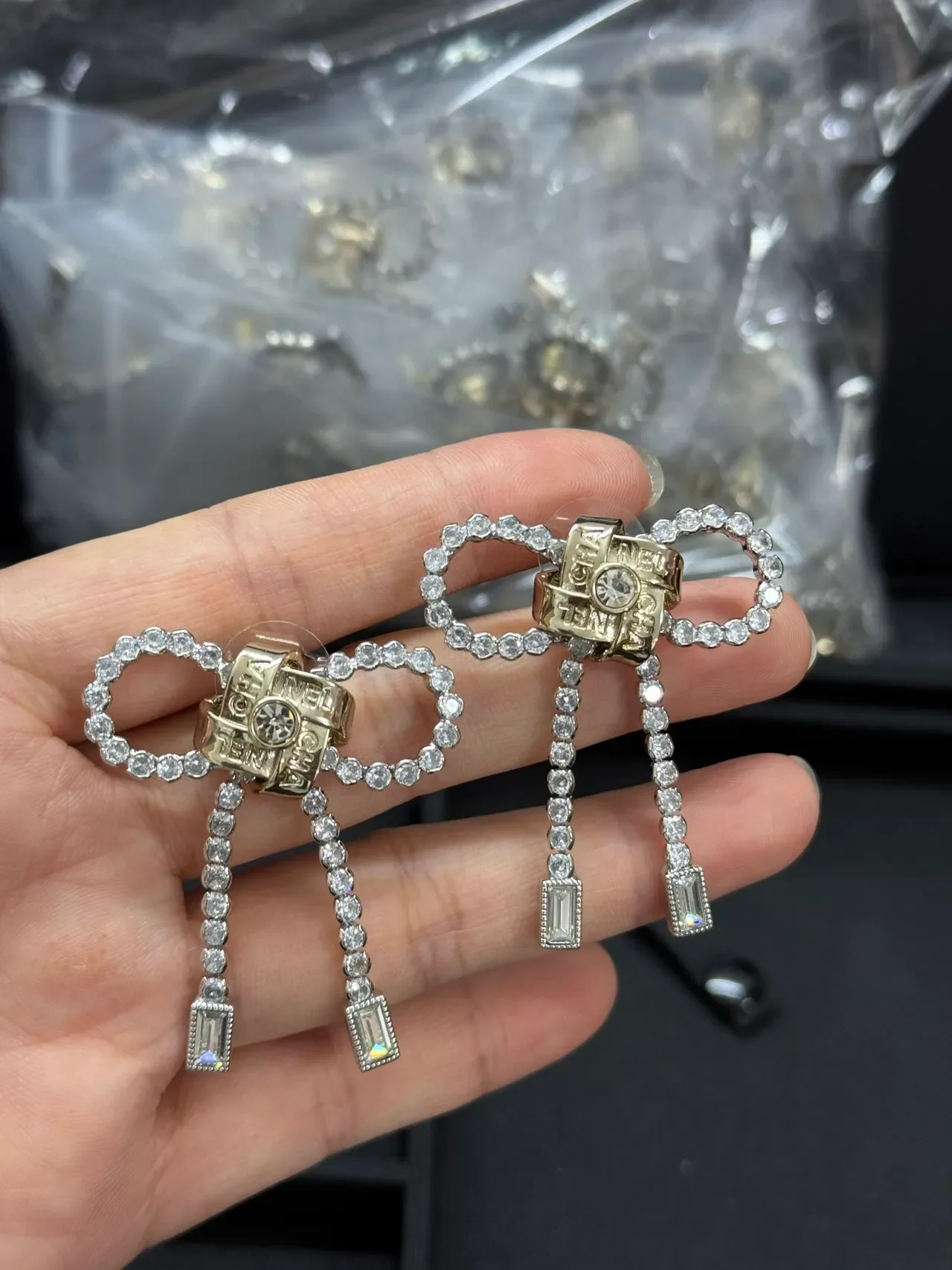 Chanel Bow Silver Transparent Crystal-Encrusted Earrings 2
