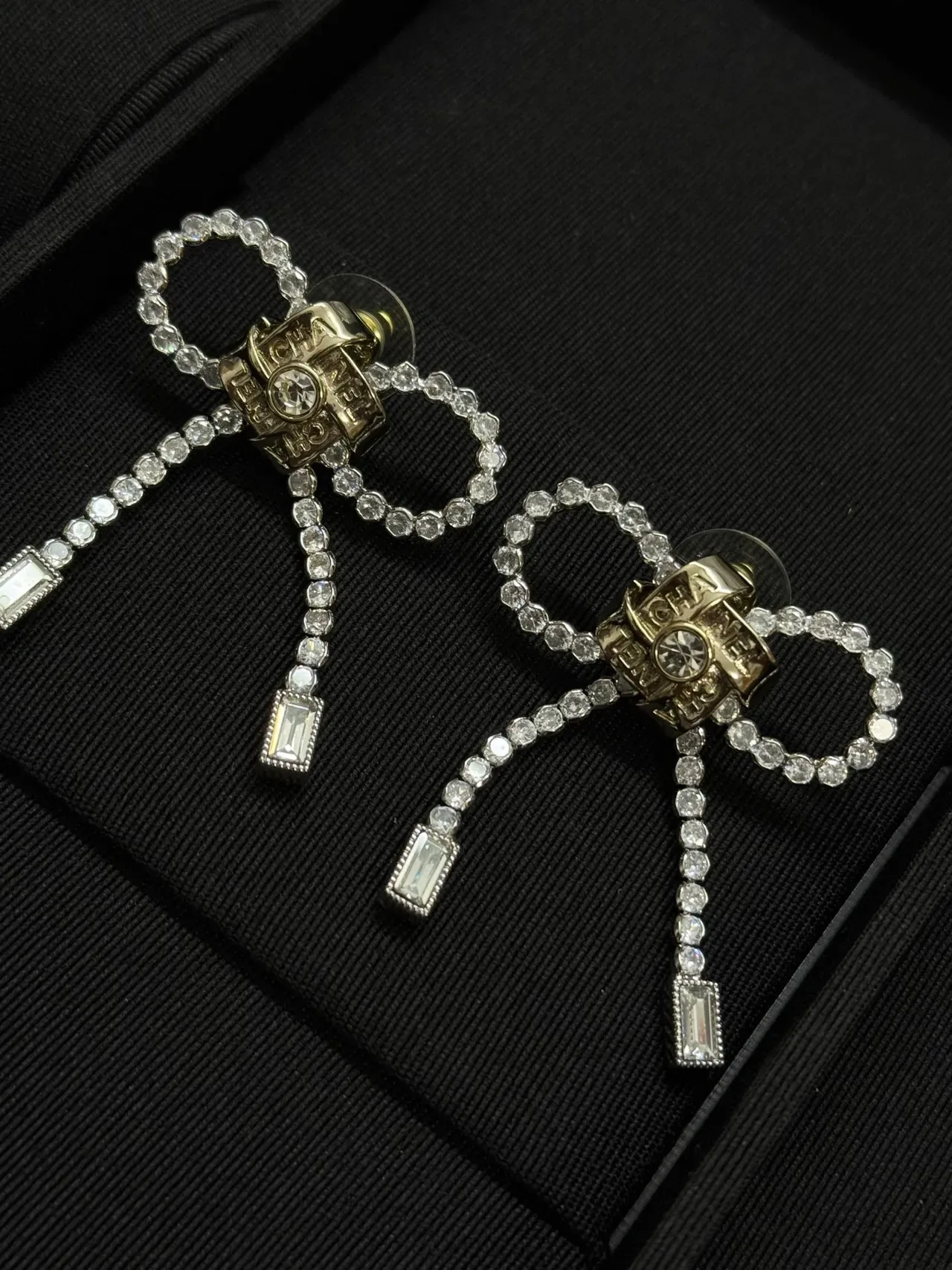 Chanel Bow Silver Transparent Crystal-Encrusted Earrings 3