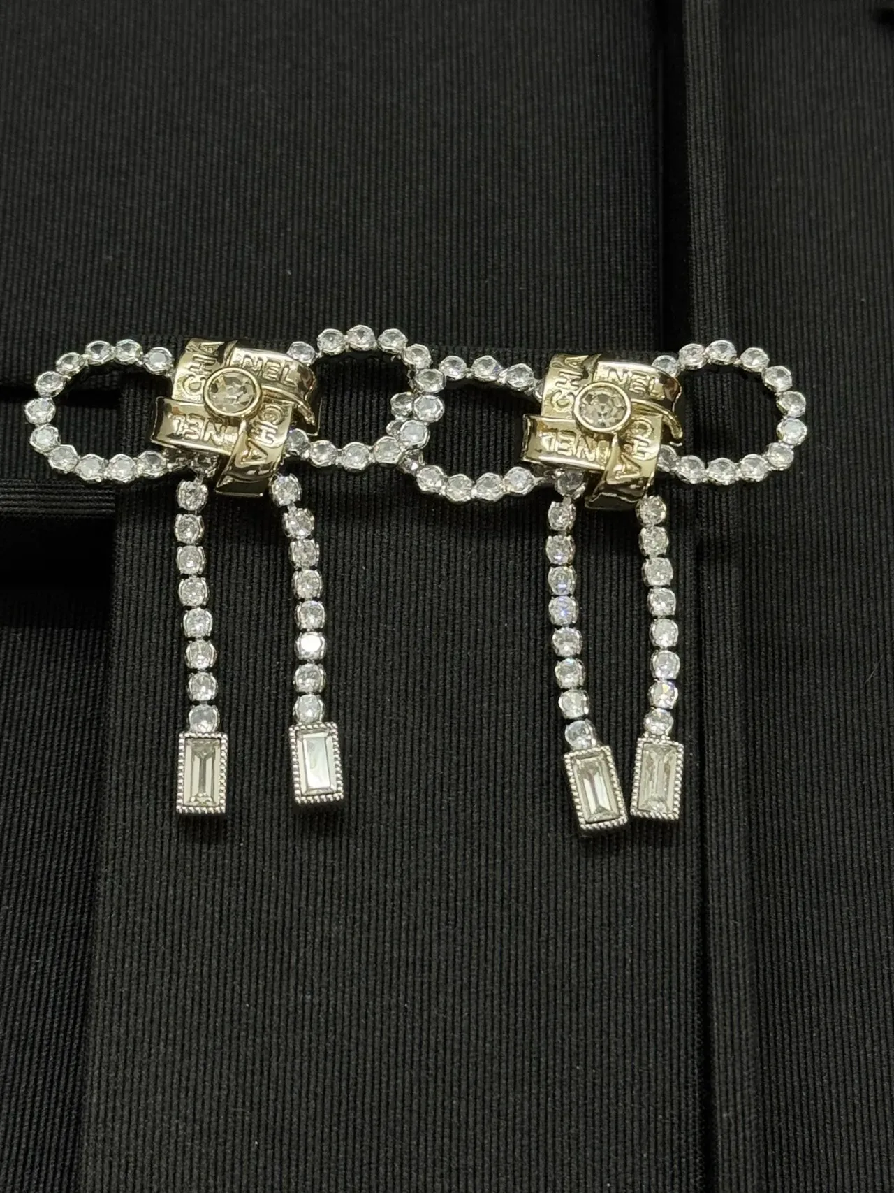 Chanel Bow Silver Transparent Crystal-Encrusted Earrings 5