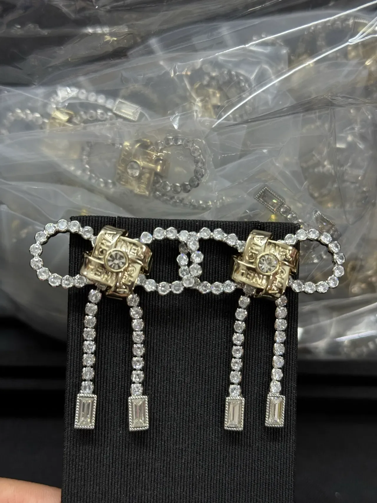 Chanel Bow Silver Transparent Crystal-Encrusted Earrings 6