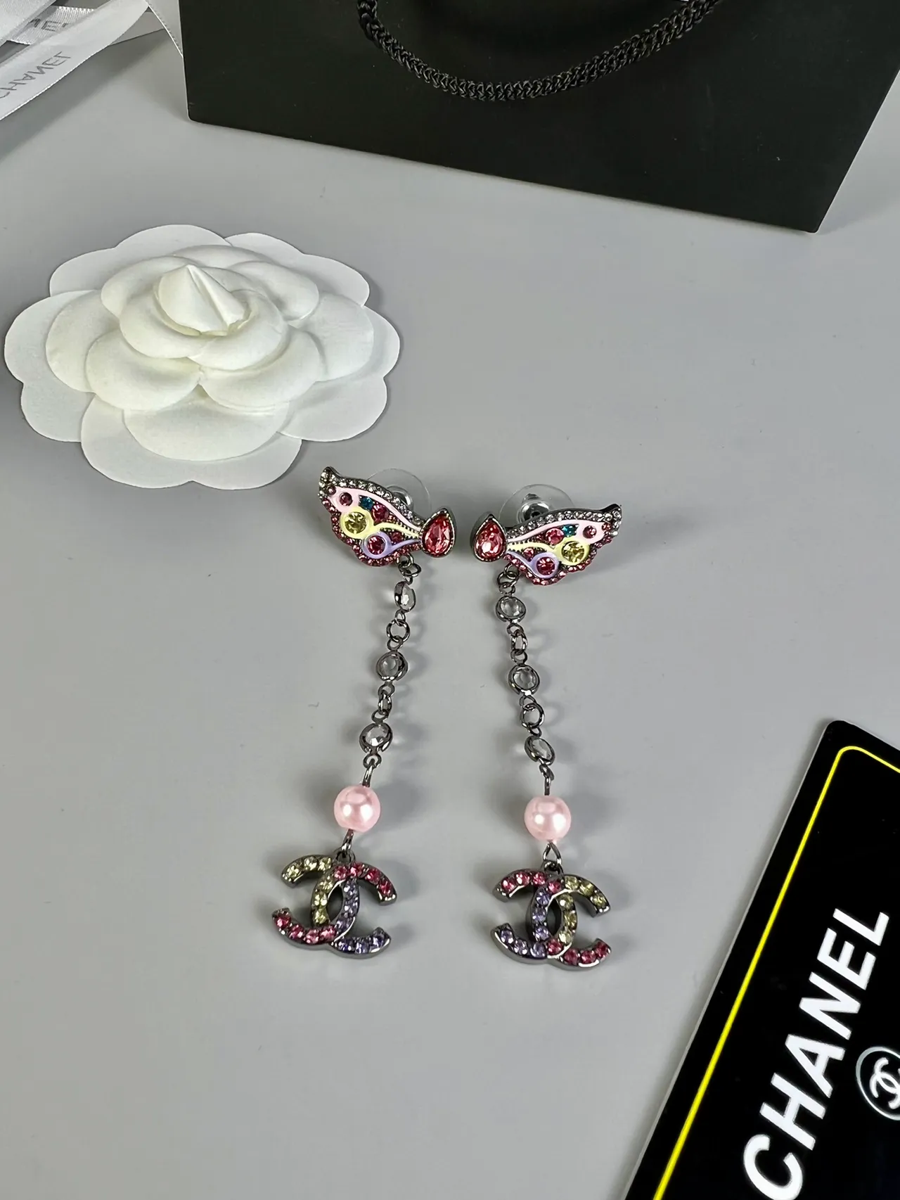 Chanel Butterfly Multicolor Pink Motif Chain Drop Earrings 1