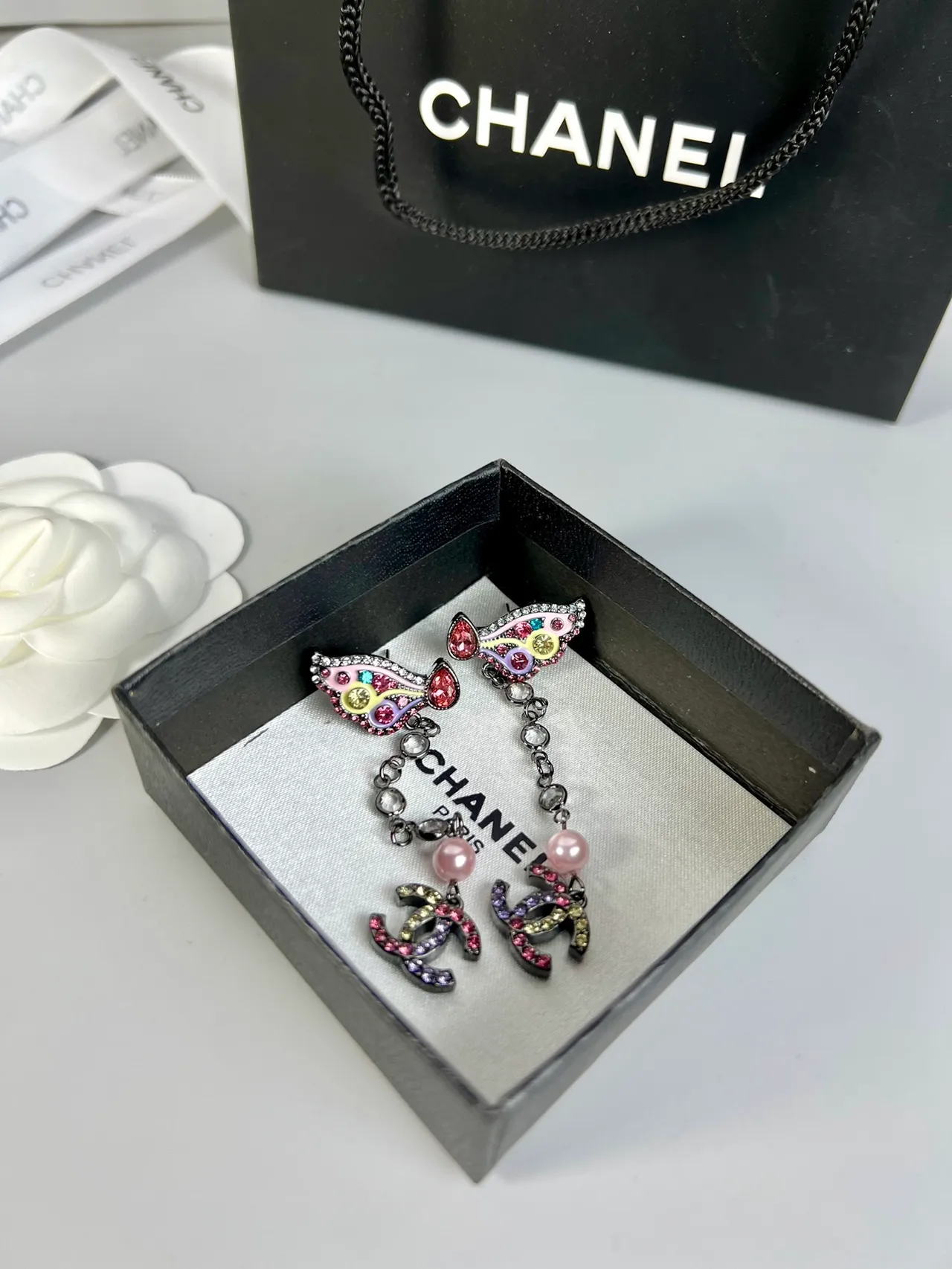 Chanel Butterfly Multicolor Pink Motif Chain Drop Earrings 3