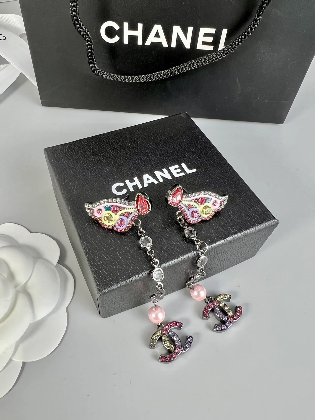 Chanel Butterfly Multicolor Pink Motif Chain Drop Earrings 5