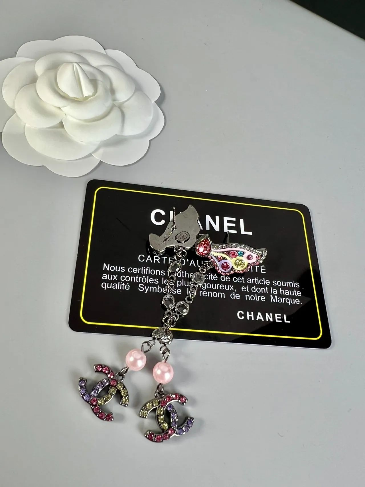 Chanel Butterfly Multicolor Pink Motif Chain Drop Earrings 6