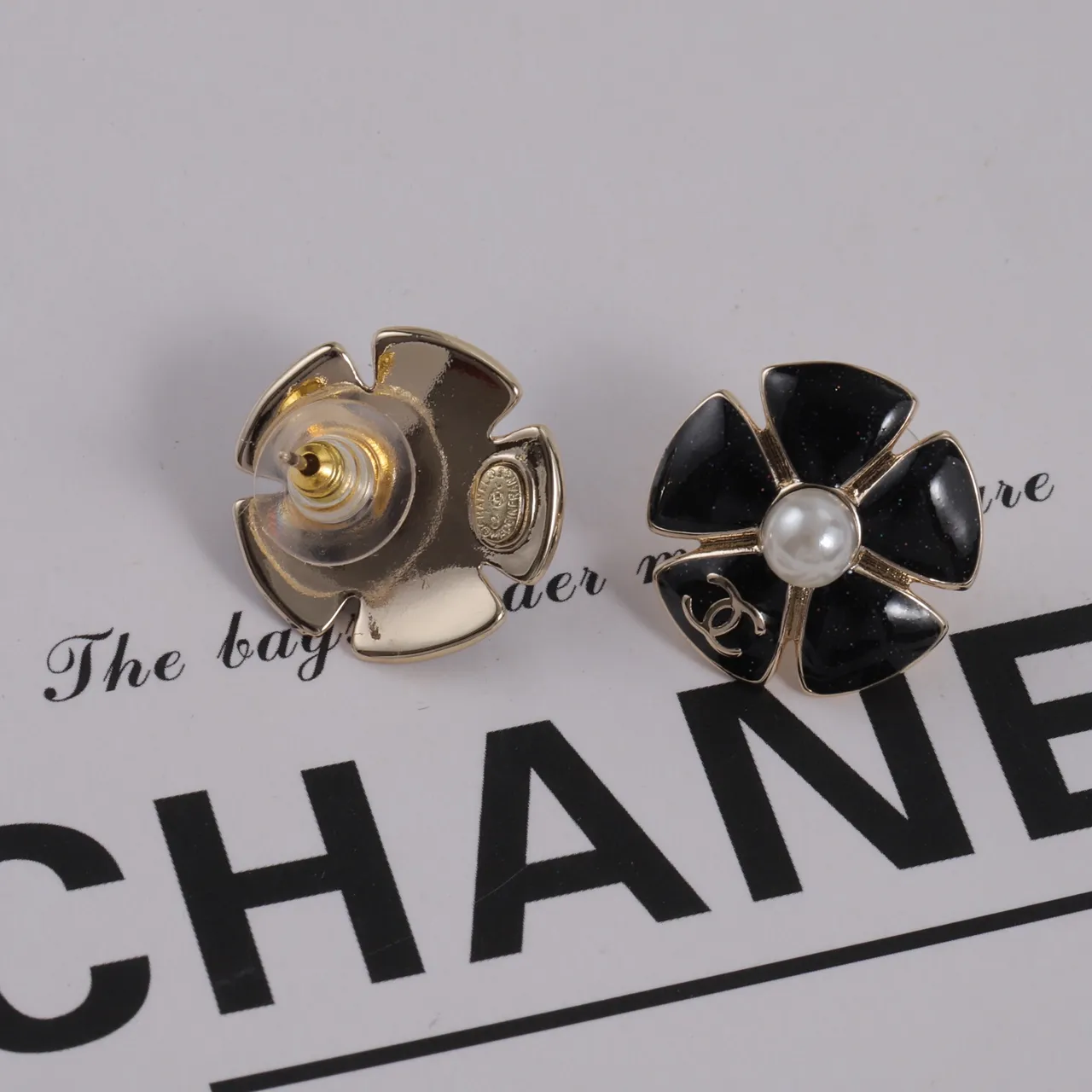 Chanel Camellia Black Gold Flower-Shaped Enamel Petals Earrings 4