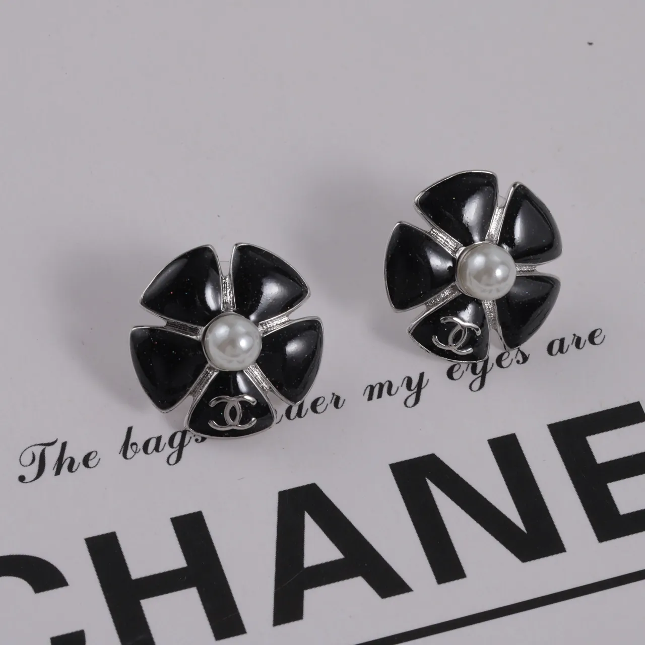 Chanel Camellia Black Gold Flower-Shaped Enamel Petals Earrings 5