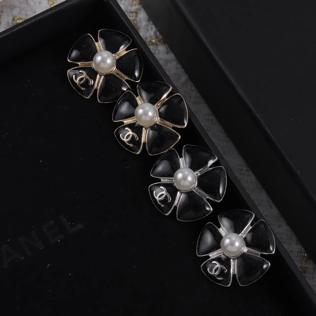 Chanel Camellia Black Gold Flower-Shaped Enamel Petals Earrings 7
