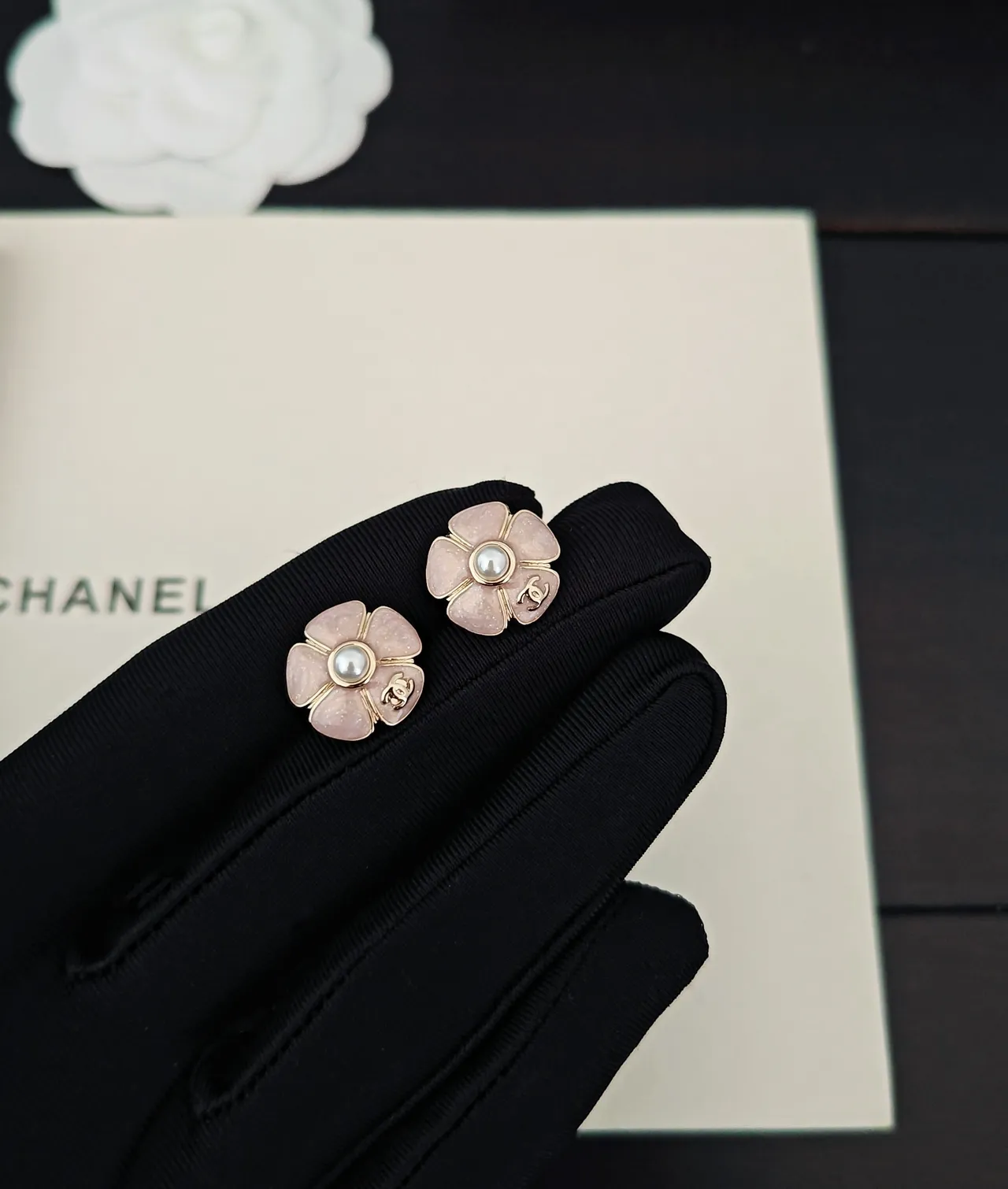 Chanel Camellia Flower Pearl Stud Earrings 2