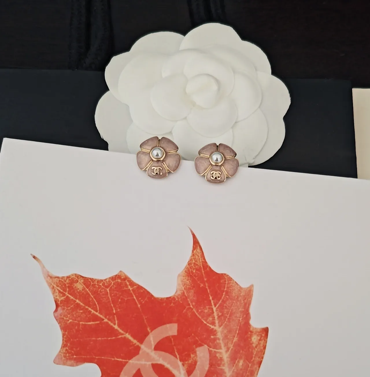 Chanel Camellia Flower Pearl Stud Earrings 4