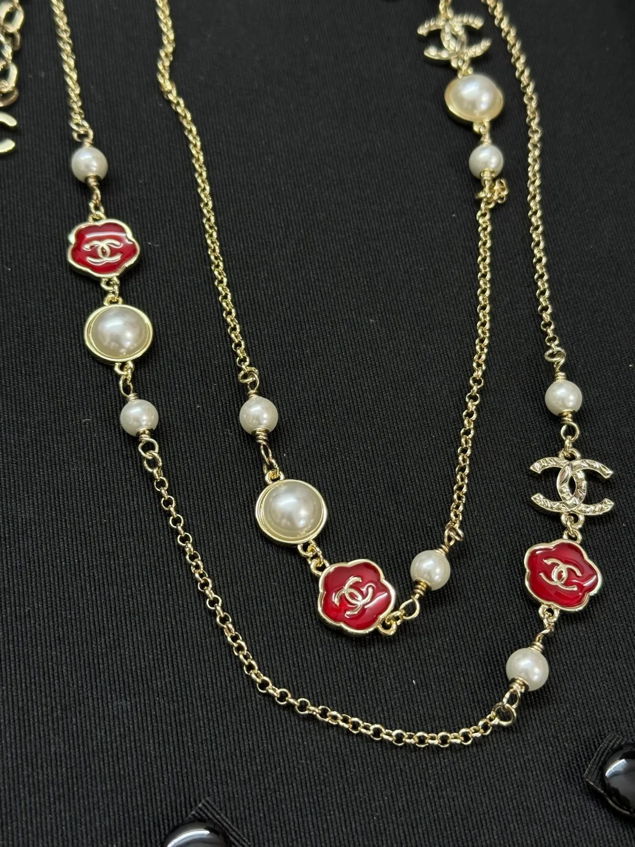 Chanel Camellia Pearl Necklace Gold Tone Red Enamel Necklaces 4