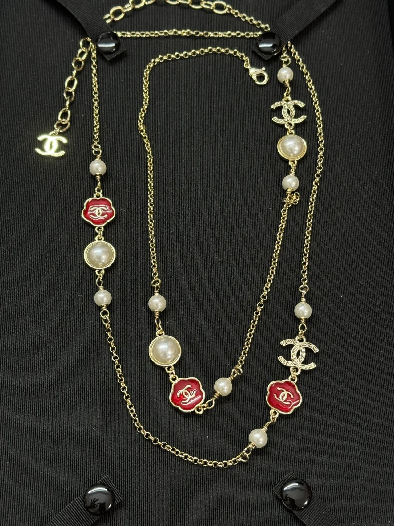 Chanel Camellia Pearl Necklace Gold Tone Red Enamel Necklaces 5