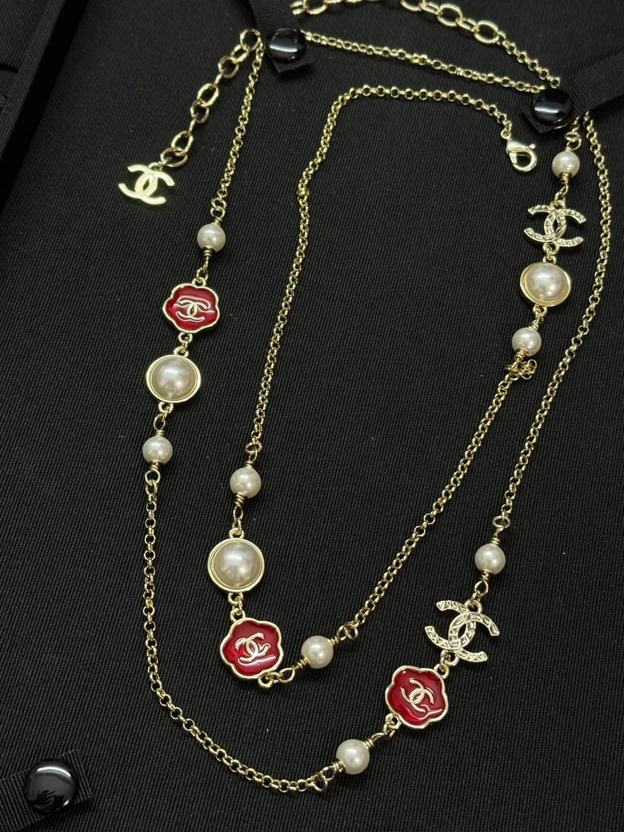 Chanel Camellia Pearl Necklace Gold Tone Red Enamel Necklaces 6