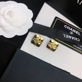 Chanel Camellia Stud Gold Square Quilted Motif Earrings