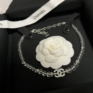 Chanel Camellia Transparent White Crystal-Bead Chain Pendant Necklace