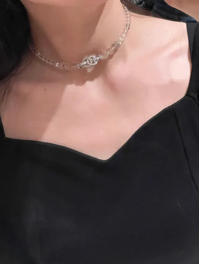 Chanel Camellia Transparent White Crystal-Bead Chain Pendant Necklace 3
