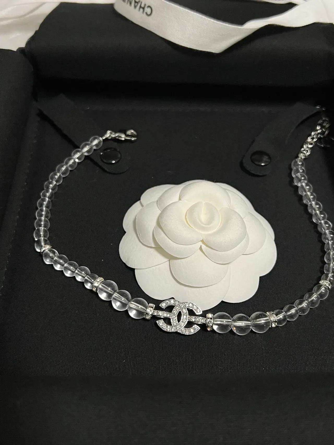 Chanel Camellia Transparent White Crystal-Bead Chain Pendant Necklace 5