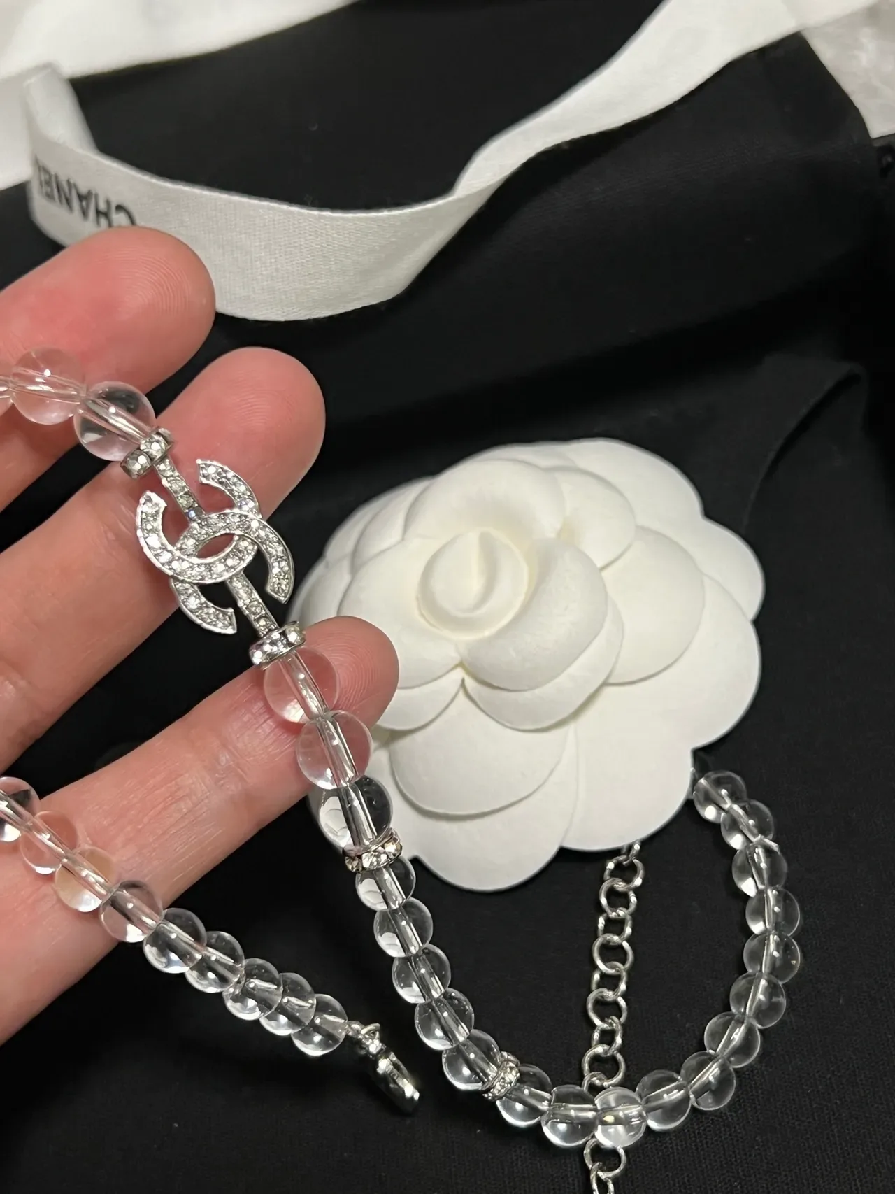 Chanel Camellia Transparent White Crystal-Bead Chain Pendant Necklace 6
