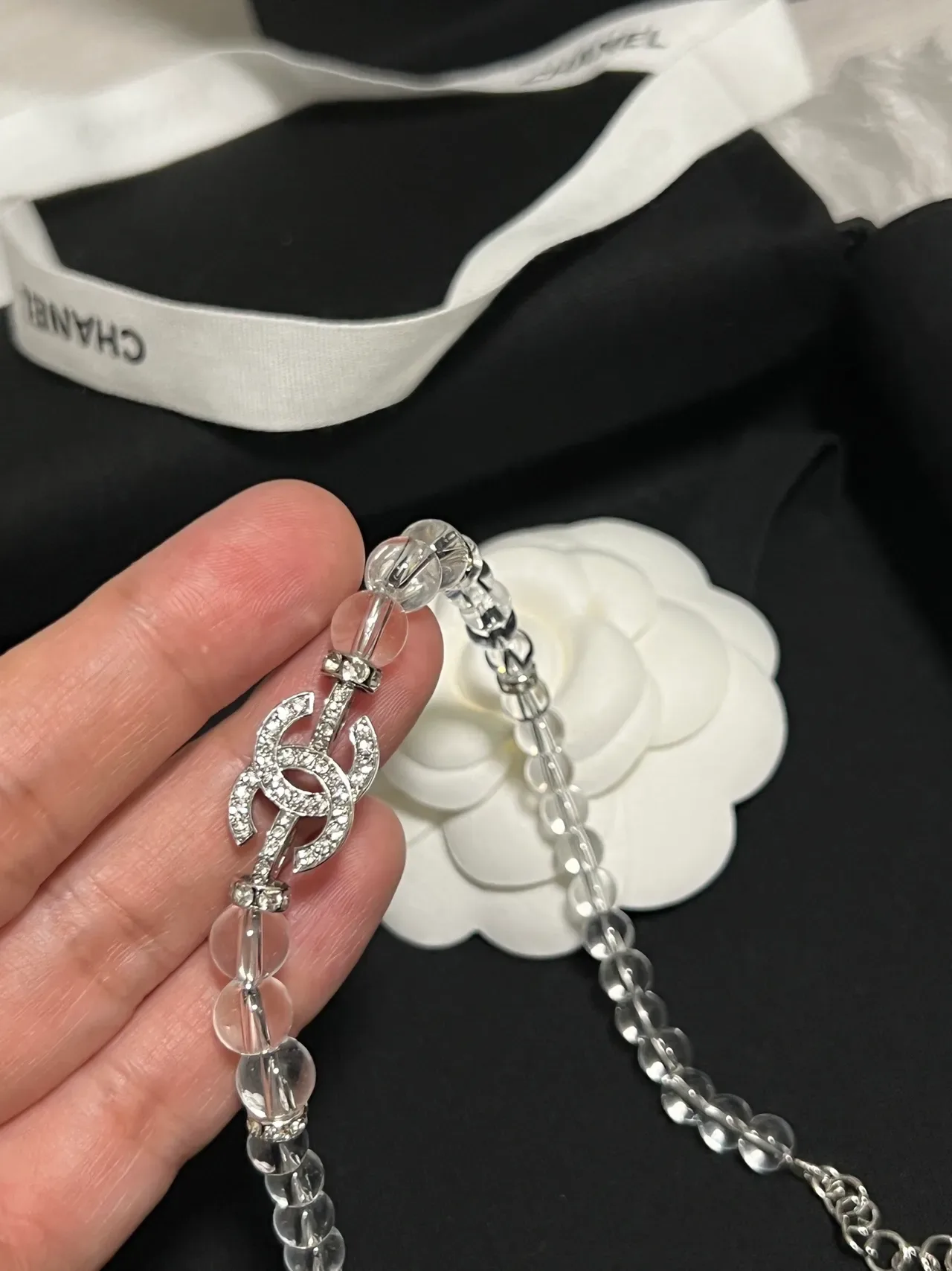 Chanel Camellia Transparent White Crystal-Bead Chain Pendant Necklace 7