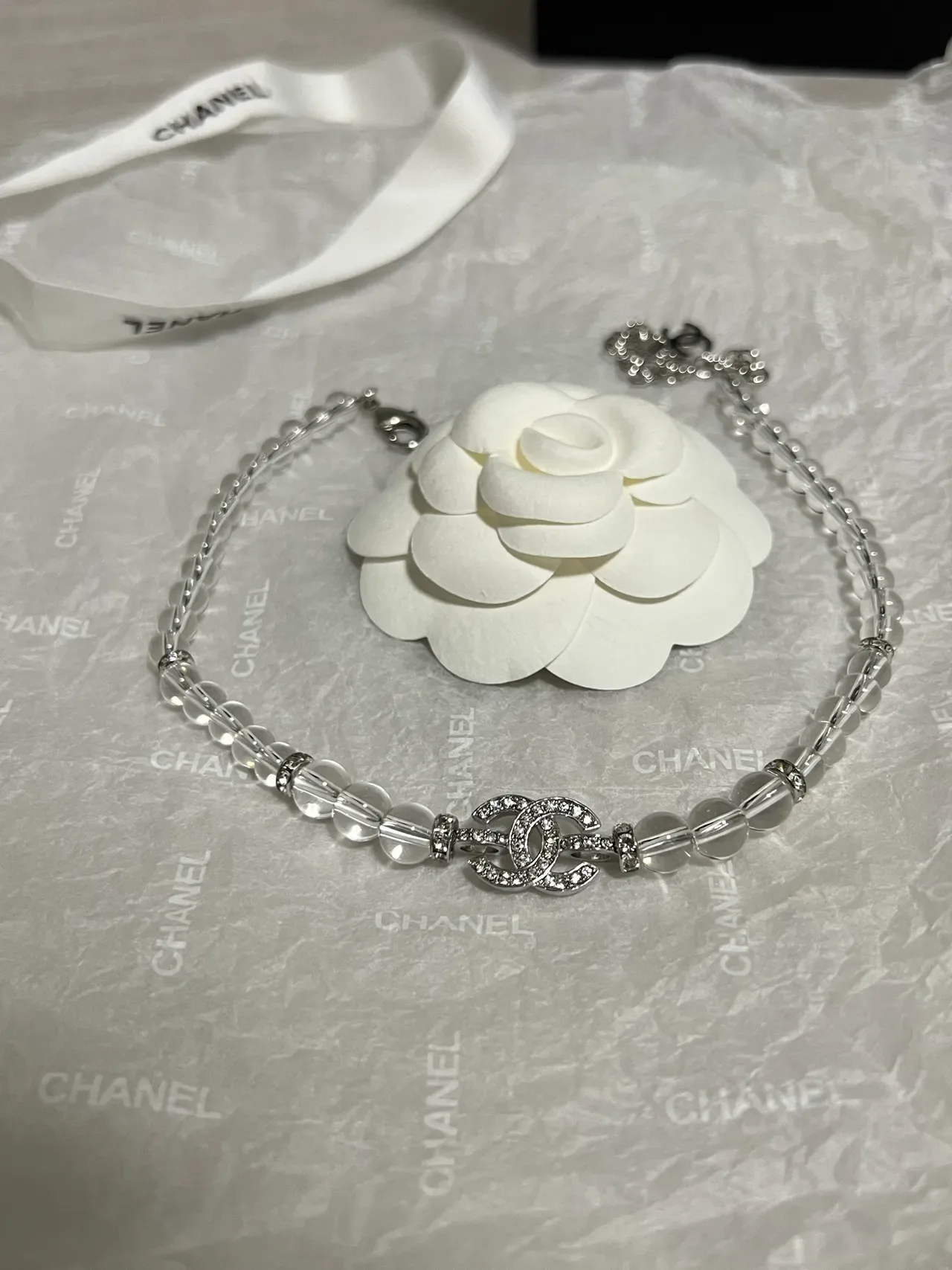 Chanel Camellia Transparent White Crystal-Bead Chain Pendant Necklace 8