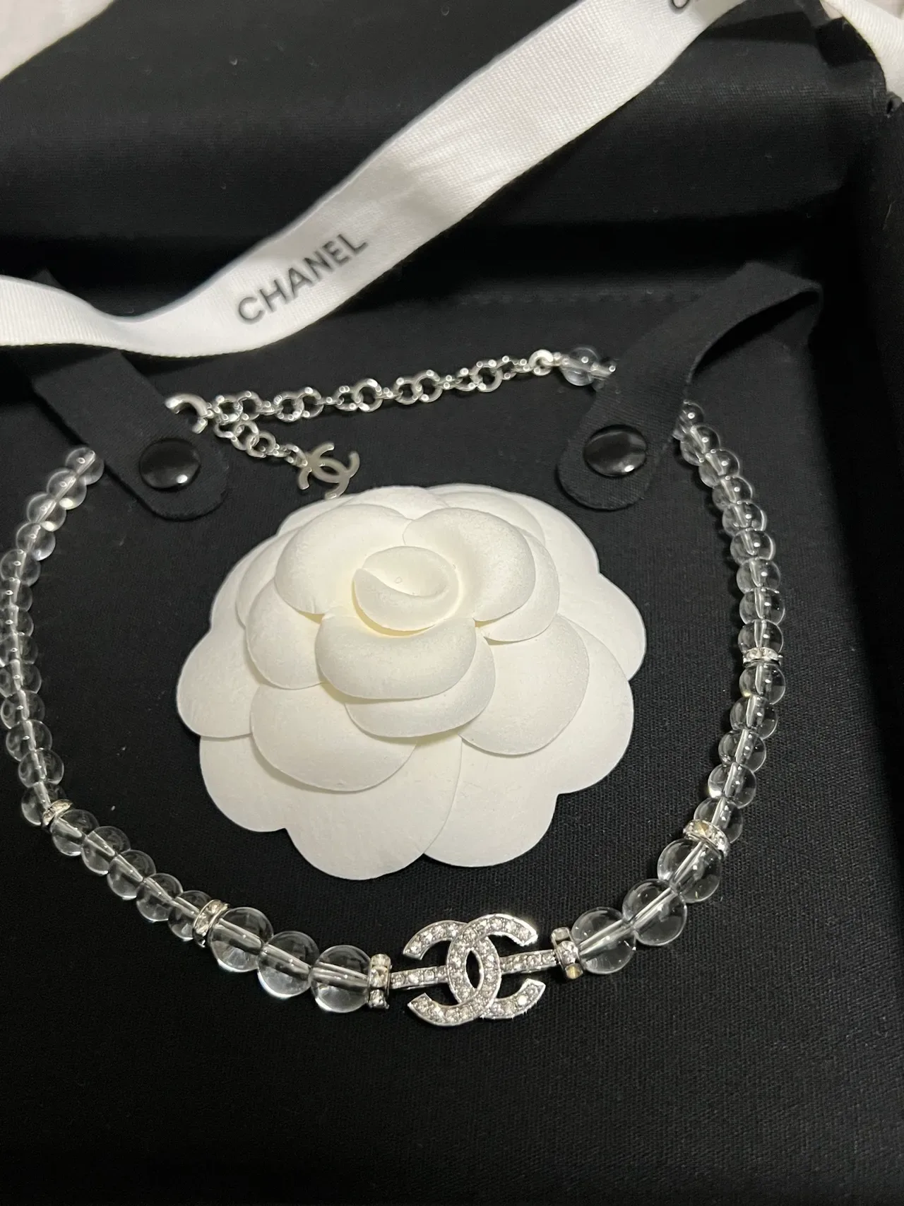 Chanel Camellia Transparent White Crystal-Bead Chain Pendant Necklace 9