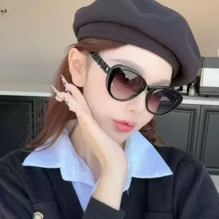 Chanel Cat-Eye Black White Structured Wool-Like Gradient Sunglasses Beret