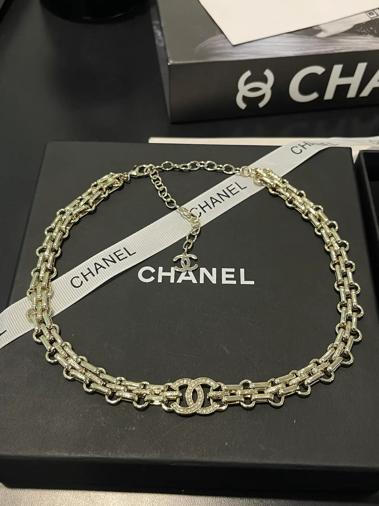 Chanel CC Logo Chain Necklace Silver-Toned Crystal-Embellished Necklaces 7