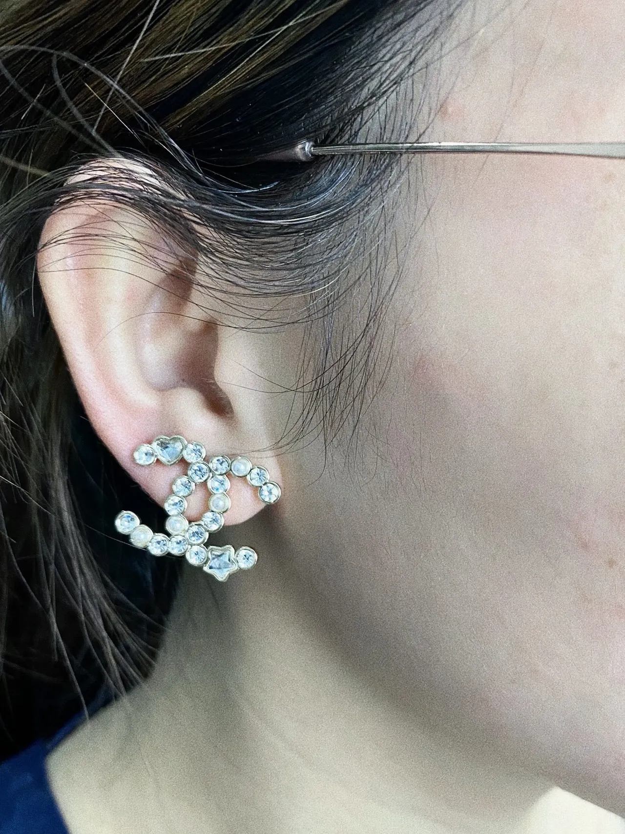 Chanel CC Logo Crystal and Pearl Stud Earrings 9