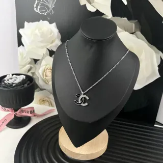 Chanel CC Logo Necklace Silver Tone Black Enamel Crystal Pendant Necklace