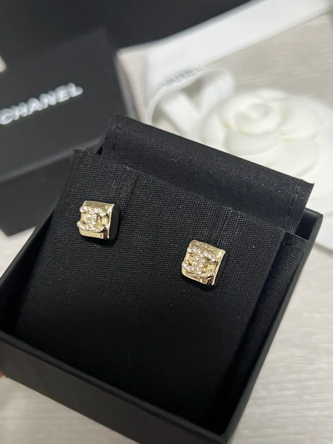 Chanel CC Logo Stud Gold White Square Pavé Crystal Earrings 4